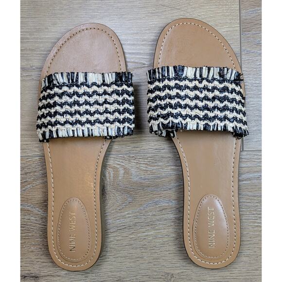 Nine West Cammie Slides Sandals 10 Black Cream Woven Raffia Island Tropical - Picture 5 of 12